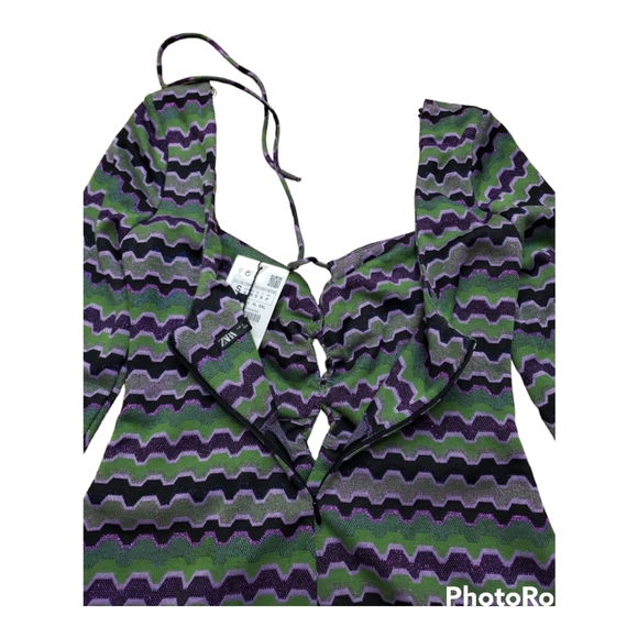 NWT Zara Purple Green Metallic Zig Zag Knit Keyhole Retro Mini Dress Size S - Picture 9 of 10